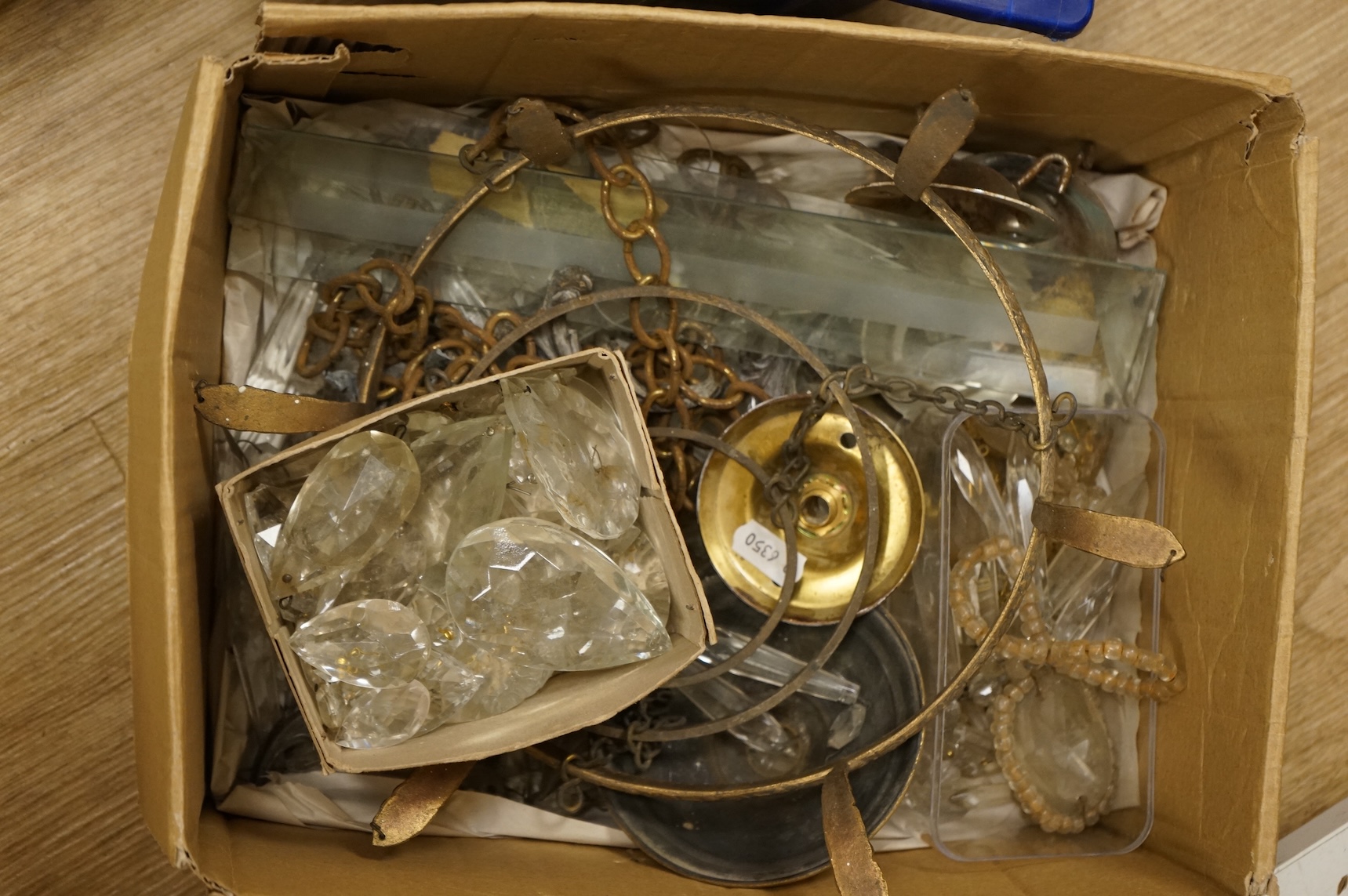 A collection of lustre drops, and a Holophane pressed glass ceiling shade, latter 30cm
